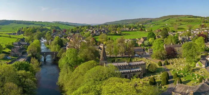 Framed Print : Aerial view of river Derwent and Baslow village, Peak District National Park, Derbyshire, England, United Kingdom, Europe Framed Print : Aerial view of river Derwent and Baslow village, Peak District National Park, Derbyshire, England, United Kingdom, Europe