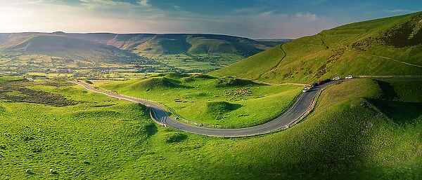 Aerial view of road to Edale, Vale of Edale, Peak District National Park, Derbyshire, England, United Kingdom, Europe