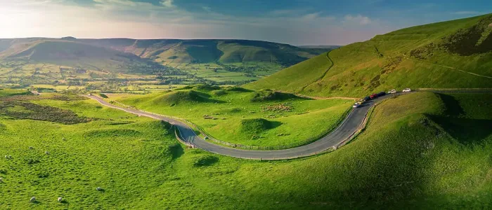 Framed Print : Aerial view of road to Edale, Vale of Edale, Peak District National Park, Derbyshire, England, United Kingdom, Europe Framed Print : Aerial view of road to Edale, Vale of Edale, Peak District National Park, Derbyshire, England, United Kingdom, Europe