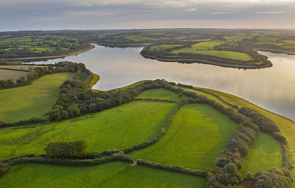 Aerial view of Roadford Lake Reservoir in autumn, West Devon, England, United Kingdom