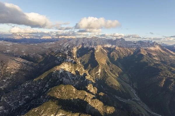 Aerial view of the rocky peaks of Catinaccio Group (Rosengarten), Val Di Tires, Dolomites