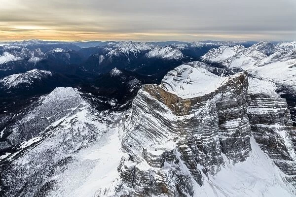 Aerial view of the rocky peaks of Monte Pelmo at dawn, Zoldo, Dolomites, Province of Belluno