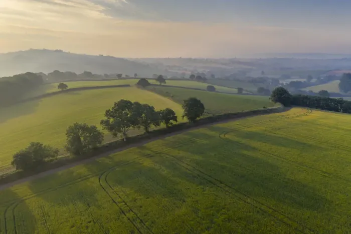 Framed Print : Aerial view of rolling countryside at dawn on a hazy summer day, Devon, England Framed Print : Aerial view of rolling countryside at dawn on a hazy summer day, Devon, England