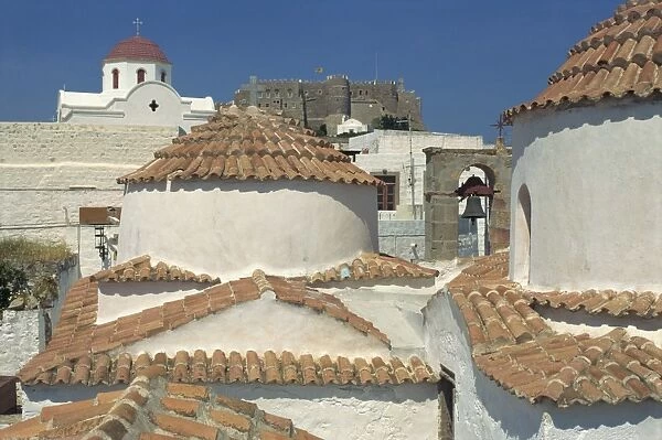 Aerial view of the roof of the St. John Monastery, Hora, Patmos, UNESCO World Heritage Site