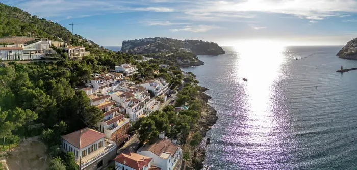Framed Print : Aerial view of rugged coastline and Port d'Andratx, Majorca, Balearic Islands, Spain, Mediterranean, Europe Framed Print : Aerial view of rugged coastline and Port d'Andratx, Majorca, Balearic Islands, Spain, Mediterranean, Europe