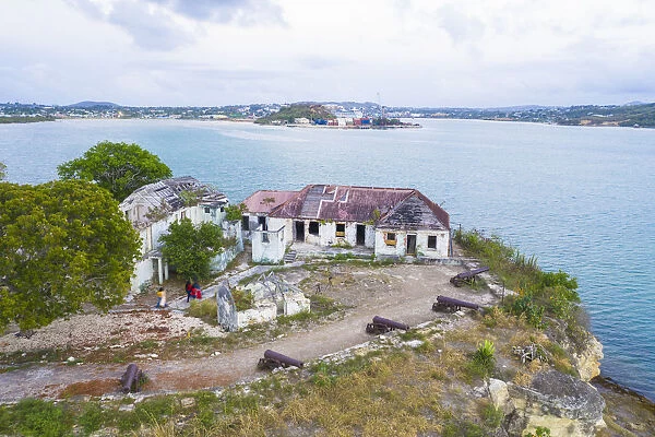Aerial view of ruins of buildings at Fort James, St. Johns, Antigua and Barbuda