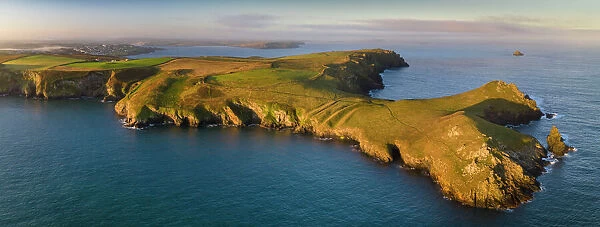 Aerial view of The Rumps cliffs and coastline near Pentire Point, North Cornwall, England, United Kingdom, Europe