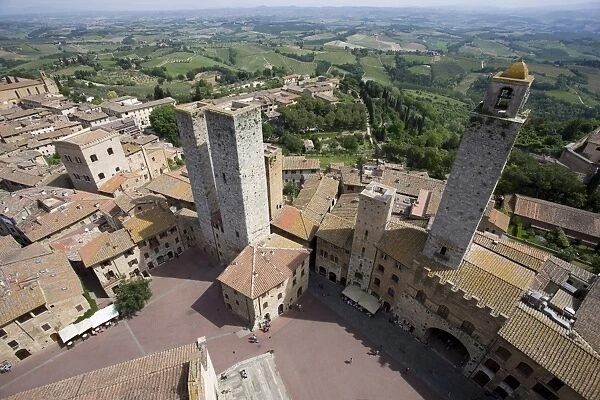 Aerial view of Sam Gimignano from one of its medieval stone towers, UNESCO World Heritage Site