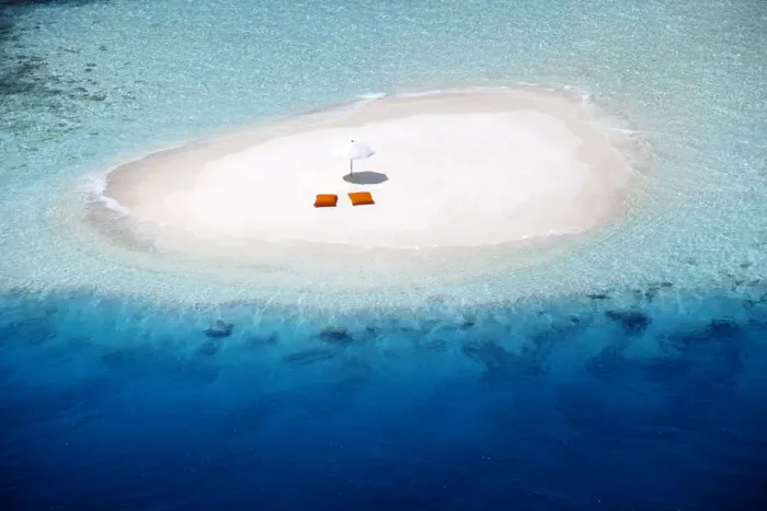 Framed Print : Aerial view of a sandbank, pillows and sun umbrella, Maldives, Indian Ocean, Asia Framed Print : Aerial view of a sandbank, pillows and sun umbrella, Maldives, Indian Ocean, Asia