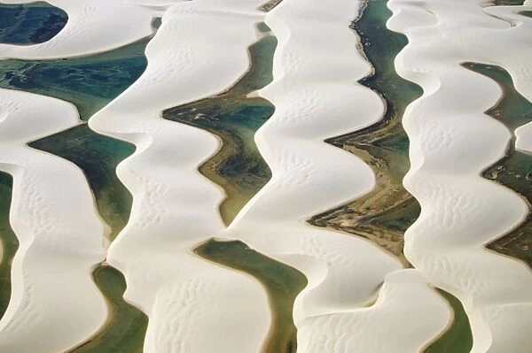 Aerial view of the sandy dunes and lagoons, part of Parque Nacional dos Lencois Maranhenses
