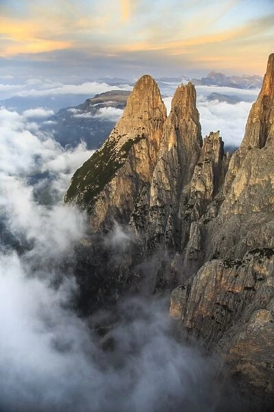 Aerial view of Santner peak at sunset, Sciliar Natural Park, Plateau of Siusi Alp in the Dolomites