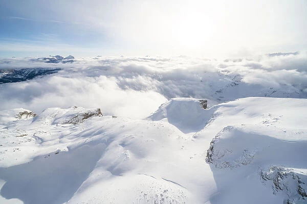Aerial view of Sass Pordoi covered with snow, Sella group, Dolomites, Trentino-Alto Adige