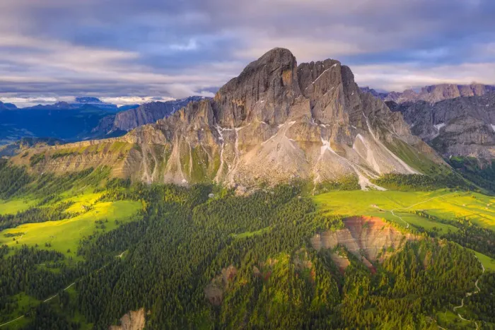 Framed Print : Aerial view of Sass De Putia (Peitlerkofel) and canyon surrounded by woods Framed Print : Aerial view of Sass De Putia (Peitlerkofel) and canyon surrounded by woods