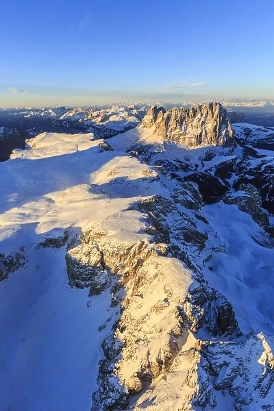 Aerial view of Sassolungo and Grohmann peaks at sunset, Sella Group, Dolomites, Trentino-Alto Adige