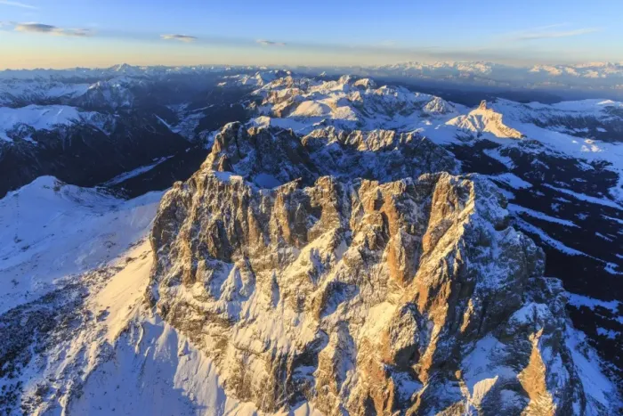 Framed Print : Aerial view of Sassolungo Sassopiatto and Grohmann peaks at sunset, Sella Group, Dolomites Framed Print : Aerial view of Sassolungo Sassopiatto and Grohmann peaks at sunset, Sella Group, Dolomites