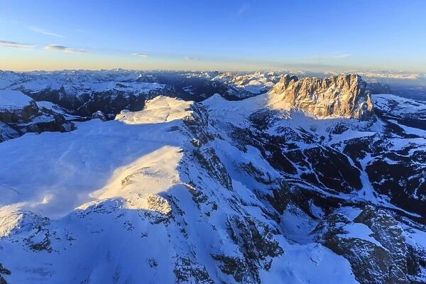 Aerial view of Sassolungo at sunset, Sella Group, Dolomites, Trentino-Alto Adige