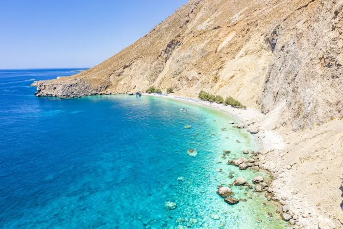 Framed Print : Aerial view of the scenic Glyka Nera beach by the crystal turquoise sea, Hora Sfakion, Crete island, Greek Islands, Greece, Europe Framed Print : Aerial view of the scenic Glyka Nera beach by the crystal turquoise sea, Hora Sfakion, Crete island, Greek Islands, Greece, Europe