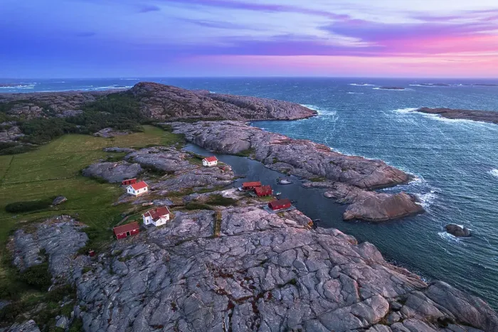 Framed Print : Aerial view of the scenic landscape of granite rocks with isolated houses and red cottages along the shore, Ramsvik island, Bohuslan, Vastra Gotaland, West Sweden, Sweden, Scandinavia, Europe Framed Print : Aerial view of the scenic landscape of granite rocks with isolated houses and red cottages along the shore, Ramsvik island, Bohuslan, Vastra Gotaland, West Sweden, Sweden, Scandinavia, Europe