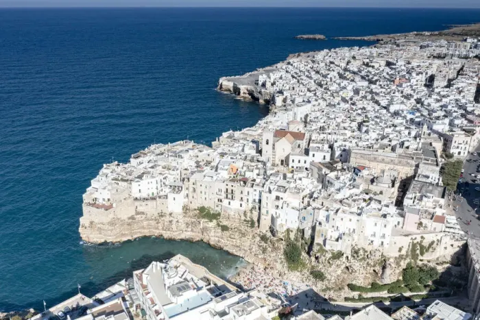 Framed Print : Aerial view of the sea town Polignano a Mare perched on cliffs, province of Bari, Apulia Framed Print : Aerial view of the sea town Polignano a Mare perched on cliffs, province of Bari, Apulia