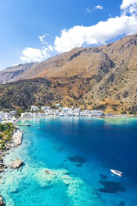 Framed Print : Aerial view of seaside village of Loutro nestled in the idyllic cove washed by turquoise sea, Crete island, Greek Islands, Greece, Europe Framed Print : Aerial view of seaside village of Loutro nestled in the idyllic cove washed by turquoise sea, Crete island, Greek Islands, Greece, Europe