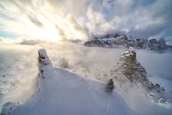 Aerial view of Sella covered with snow from Cir group, Puez-Odle Nature Park