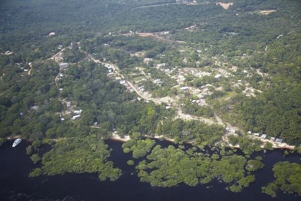 Aerial view of settlement in Amazon rainforest along the Rio Negro, Manaus, Amazonas, Brazil, South America
