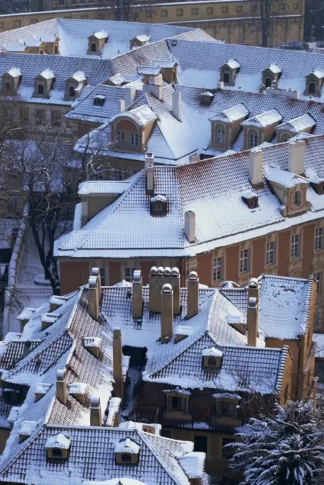 Framed Print : Aerial view of snow covering roofs in winter in the Lesser Town of Prague Framed Print : Aerial view of snow covering roofs in winter in the Lesser Town of Prague