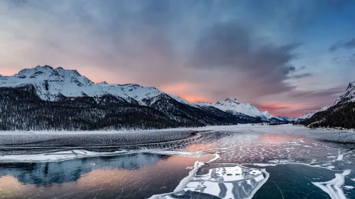 Framed Print : Aerial view of snowcapped mountains and frozen Lake Silvaplana at sunrise, Maloja Framed Print : Aerial view of snowcapped mountains and frozen Lake Silvaplana at sunrise, Maloja
