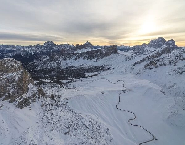 Aerial view of the snowy peaks of Giau Pass, Cortina d Ampezzo, Dolomites, Province of Belluno