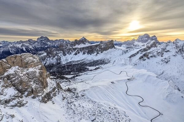 Aerial view of the snowy peaks of Giau Pass Ra Gusela and Lastoi De Formin, Cortina d Ampezzo