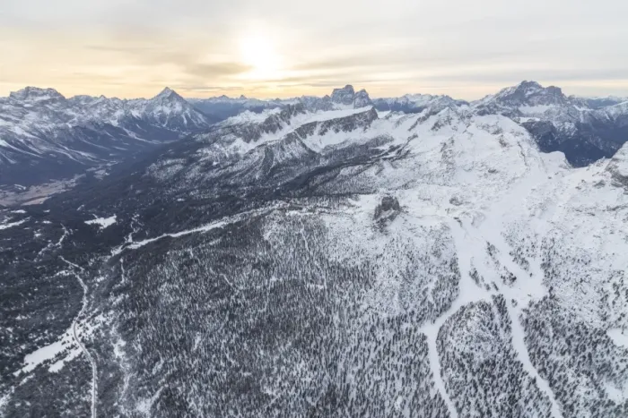 Framed Print : Aerial view of the snowy ridges of the Cinque Torri, Dolomites, Cortina d Ampezzo