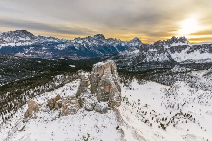 Framed Print : Aerial view of the snowy ridges of the Cinque Torri at dawn, Dolomites, Cortina d Ampezzo Framed Print : Aerial view of the snowy ridges of the Cinque Torri at dawn, Dolomites, Cortina d Ampezzo
