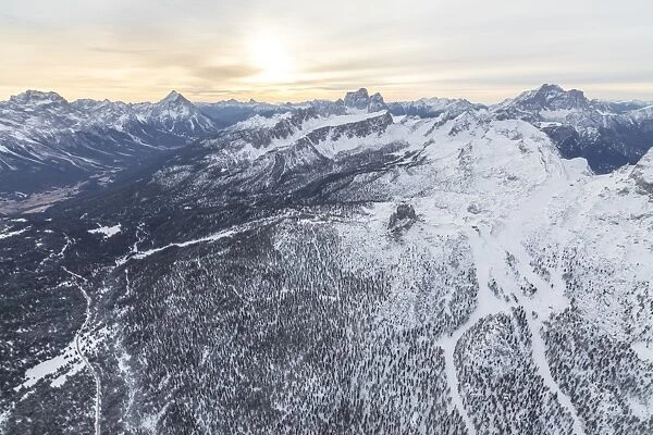 Aerial view of the snowy ridges of the Cinque Torri, Dolomites, Cortina d Ampezzo