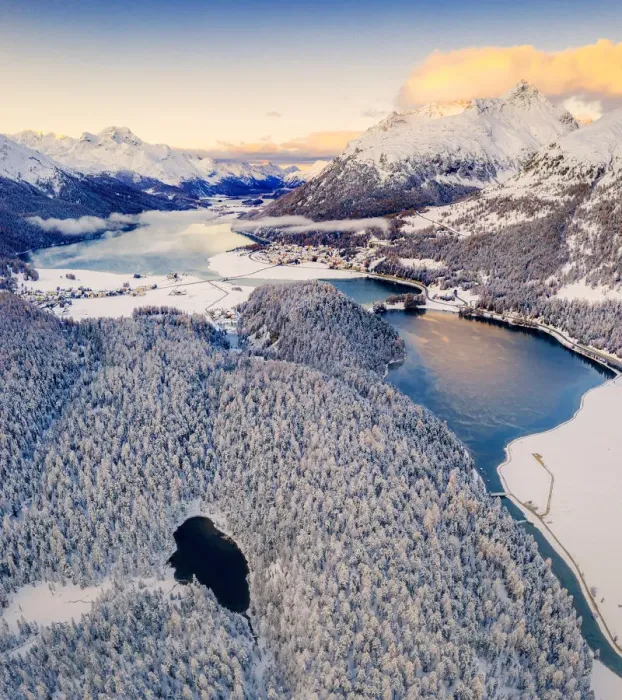 Framed Print : Aerial view of snowy woods around Lej Nair, Piz Polaschin, Piz La Margna Framed Print : Aerial view of snowy woods around Lej Nair, Piz Polaschin, Piz La Margna
