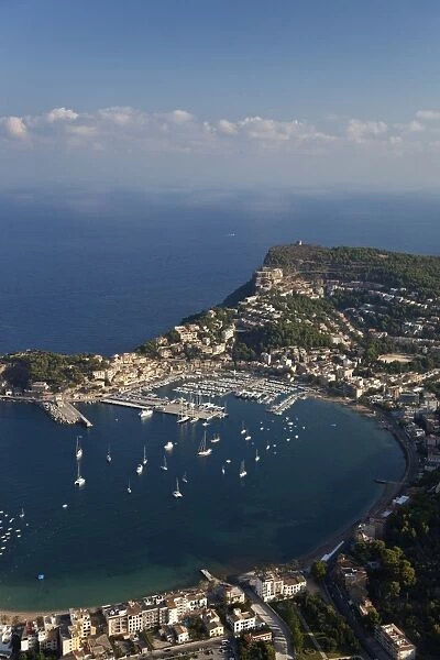 Aerial view of Soller harbour harbour and northern coastline of Majorca in early morning in summer