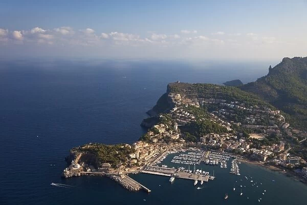 Aerial view of Soller harbour and northern coastline of Majorca in early morning in summer