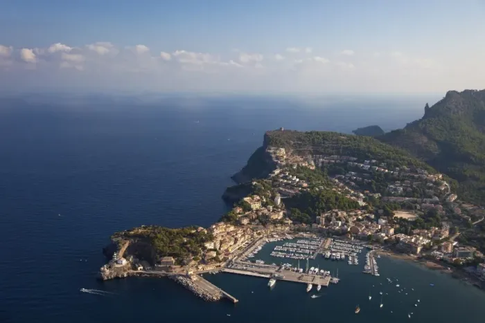 Framed Print : Aerial view of Soller harbour and northern coastline of Majorca in early morning in summer Framed Print : Aerial view of Soller harbour and northern coastline of Majorca in early morning in summer