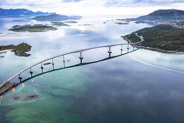 Aerial view of Sommaroy bridge connecting island to mainland, Sommaroy, Troms county
