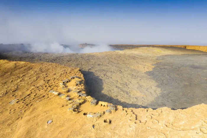 Framed Print : Aerial view of stone huts on top of majestic Erta Ale volcano, Danakil Depression Framed Print : Aerial view of stone huts on top of majestic Erta Ale volcano, Danakil Depression
