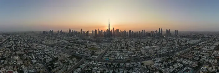 Framed Print : Aerial view of sunrise over Dubai, United Arab Emirates, Middle East Framed Print : Aerial view of sunrise over Dubai, United Arab Emirates, Middle East