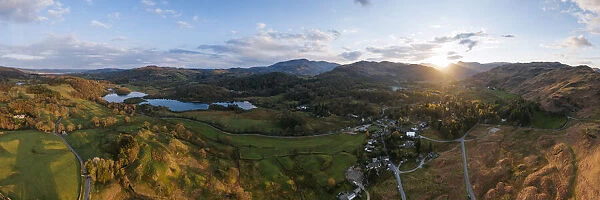 Aerial view of sunset over Elterwater, Lake District National Park