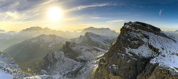 Aerial view of sunset over Mount Lagazuoi in autumn, Fanis Group, Dolomites