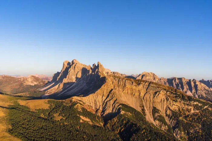 Framed Print : Aerial view of sunset over Seceda mountain in autumn, Cisles-Odle Nature Park, Dolomites Framed Print : Aerial view of sunset over Seceda mountain in autumn, Cisles-Odle Nature Park, Dolomites