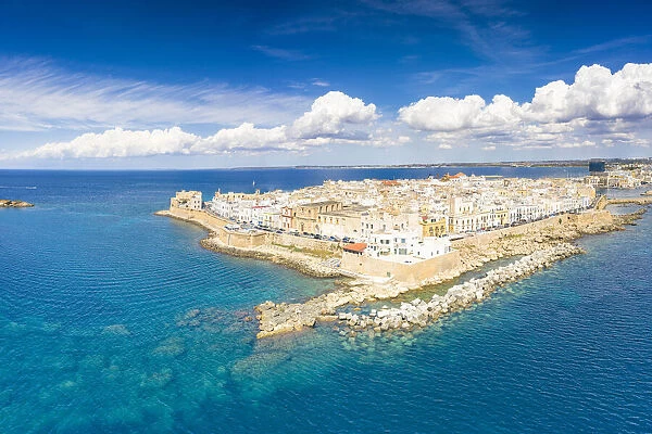 Aerial view of the surrounding walls and old town of Gallipoli in summer, Lecce province