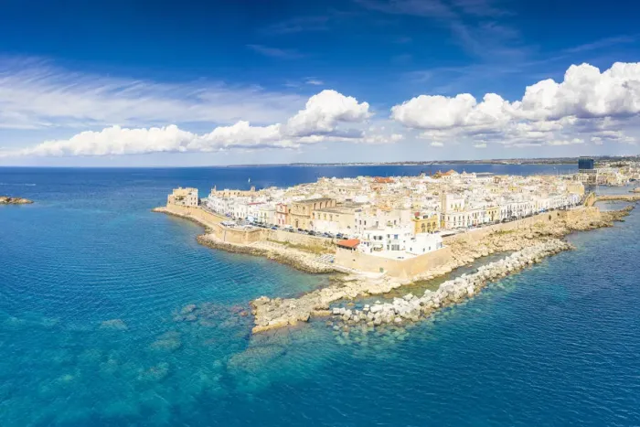 Framed Print : Aerial view of the surrounding walls and old town of Gallipoli in summer, Lecce province Framed Print : Aerial view of the surrounding walls and old town of Gallipoli in summer, Lecce province
