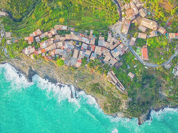 Aerial view taken by drone of the famous village of Corniglia, Cinque Terre National Park, UNESCO World Heritage Site, La Spezia, Liguria, Italy, Europe