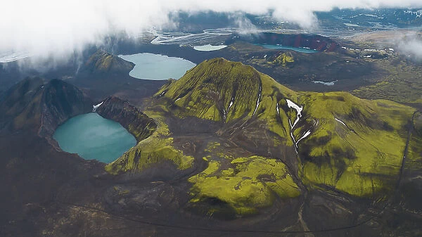Aerial view taken by drone of Landmannalaugar mountain on a cloudy summer day, Iceland, Polar Regions