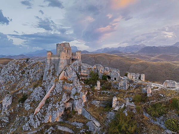 Aerial view taken by drone of Rocca Calascio castle during an autumn sunrise, National Park of Gran Sasso and Monti of Laga, Abruzzo, Italy, Europe