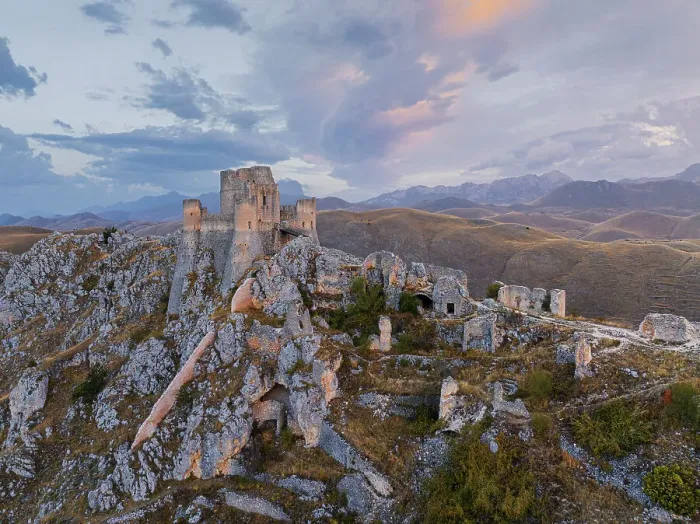 Framed Print : Aerial view taken by drone of Rocca Calascio castle during an autumn sunrise, National Park of Gran Sasso and Monti of Laga, Abruzzo, Italy, Europe Framed Print : Aerial view taken by drone of Rocca Calascio castle during an autumn sunrise, National Park of Gran Sasso and Monti of Laga, Abruzzo, Italy, Europe