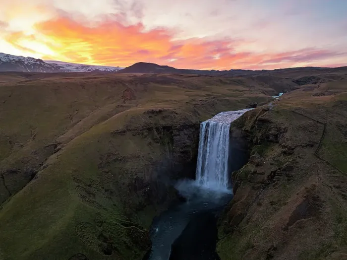 Framed Print : Aerial view taken by drone of Skogafoss Waterfall, southern Iceland, Polar Regions Framed Print : Aerial view taken by drone of Skogafoss Waterfall, southern Iceland, Polar Regions